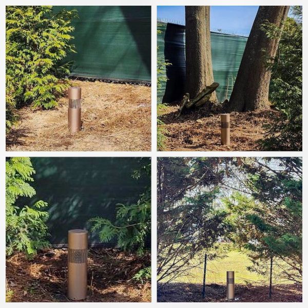 Variety of shots of Origin Acoustics bollard speakers.